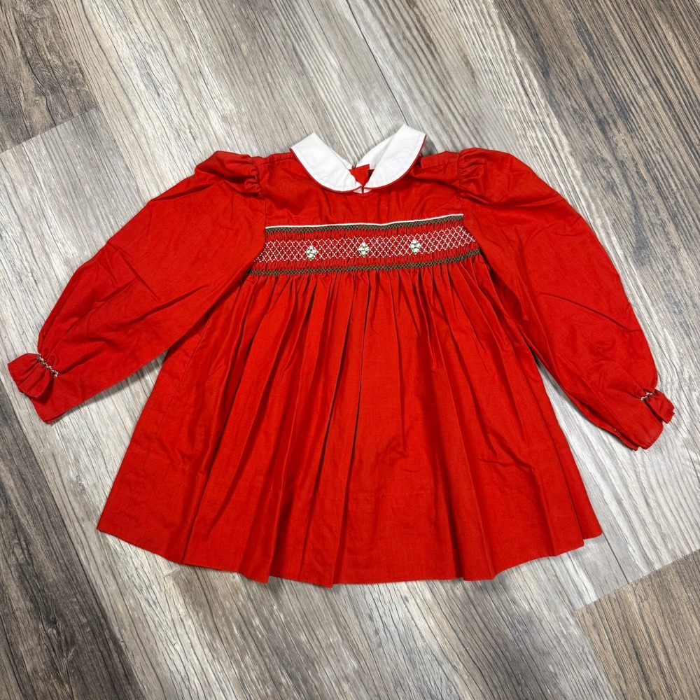 Fructuoso Red Smocked Christmas Dress Peter Pan Collar Long Sleeve Vintage Kids‎